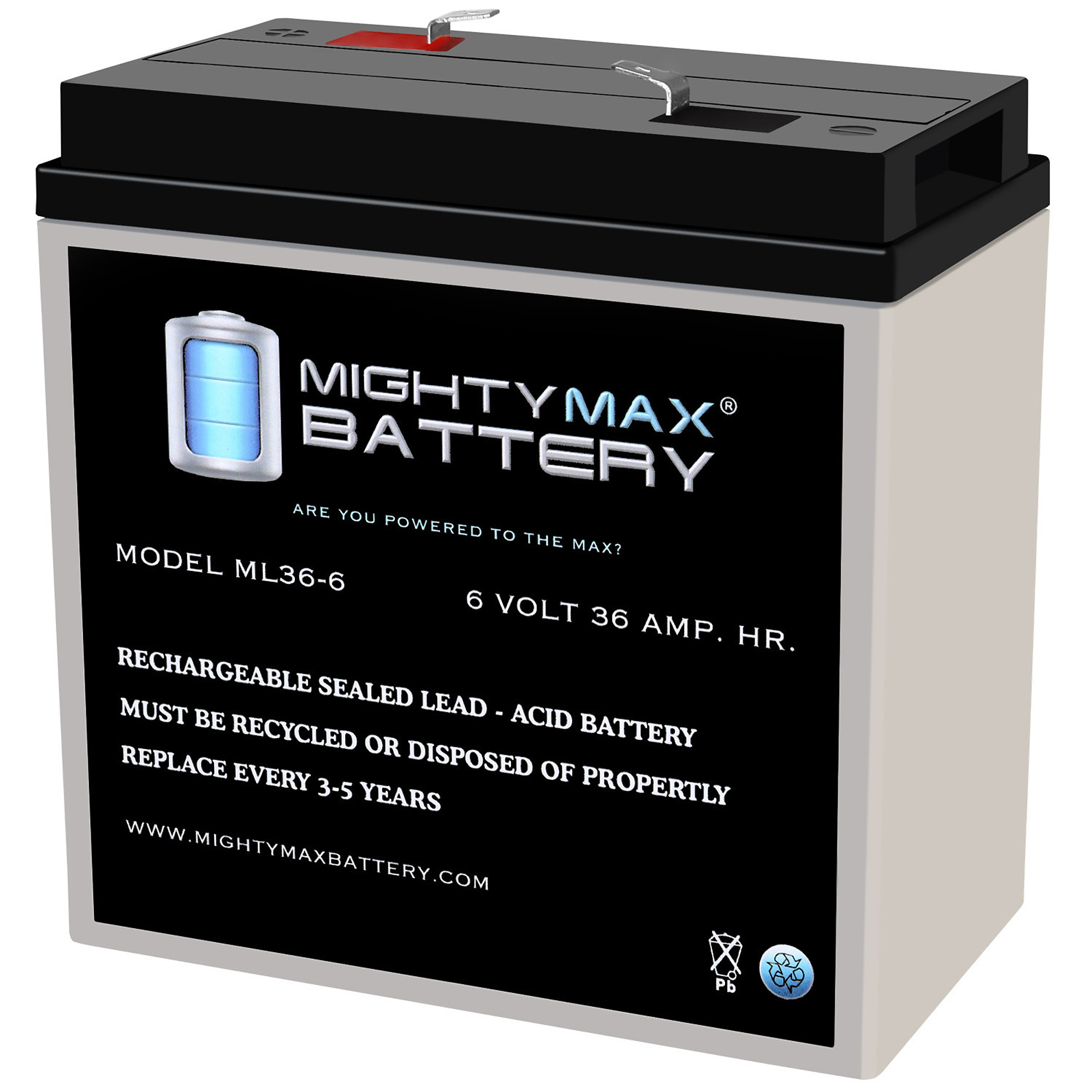 Mighty Max Battery — 6 Volt, 36Ah, F2 Terminal, Rechargeable SLA AGM, Model# MAX4140741
